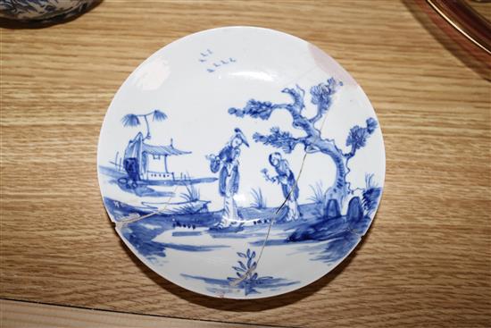 A Worcester Mansfield pattern butter boat, a Vauxhall saucer, a Liverpool sauceboat and a New Hall cream boat, damage (4)